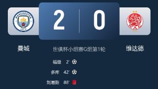 世俱杯-曼城2-0维达德开门红！ 福登传射 刘易斯直红 赖因德斯谢尔基首秀